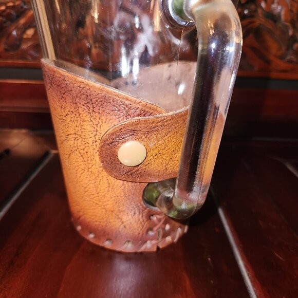 Vintage Green Glass Beer Pitcher With Handcrafted Leather Horse Design Wrap - Picture 4 of 14